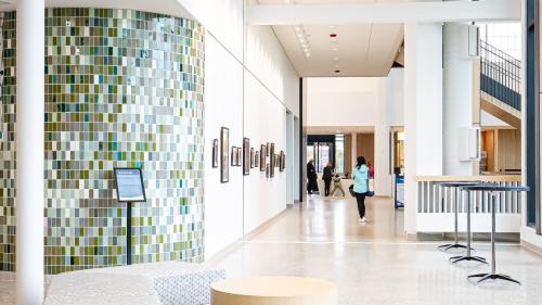 Woodbury Central Park photo with a guest gazing at lobby photos.