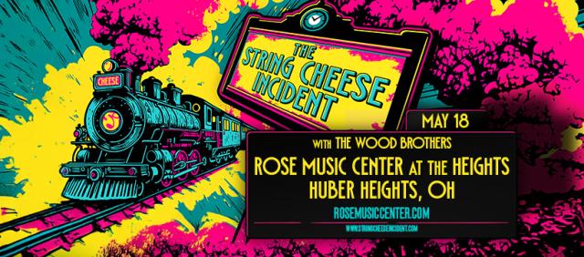 a multi-colored graphic with a train, promoting the string cheese incident at rose music center