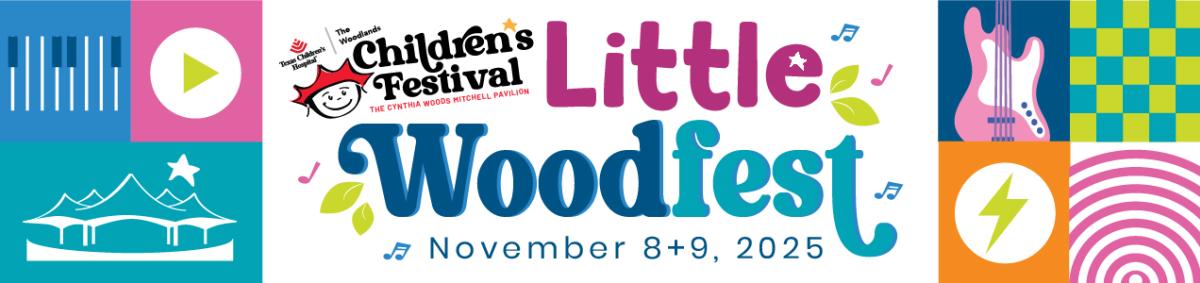 A colorful banner advertising "Little Woodfest," an event taking over the Children's Festival at the CWMP on Nov. 8-9, 2025. On the left of the banner is The Pavilion logo plus a cartoon keyboard and "play" button. On the right is a colorful four-square pattern with a cartoon electric guitar, lightning bolt, spiral, and checkerboard.