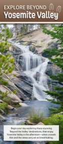 Explore Beyond Yosemite Valley brochure cover with a waterfall and creek