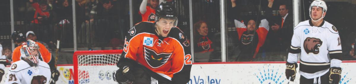 A Lehigh Valley Phantoms hockey player by the goal.