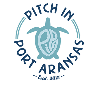Logo: blue seaturtle with the letters PIPA inside the shell surrounded by the words "Pitch In Port Aransas" in a circle arround the turtle