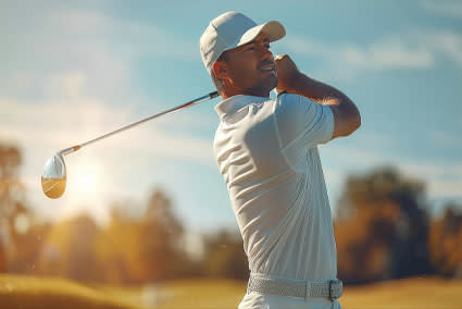 Golfer, dressed in white, finishing his swing on the course.