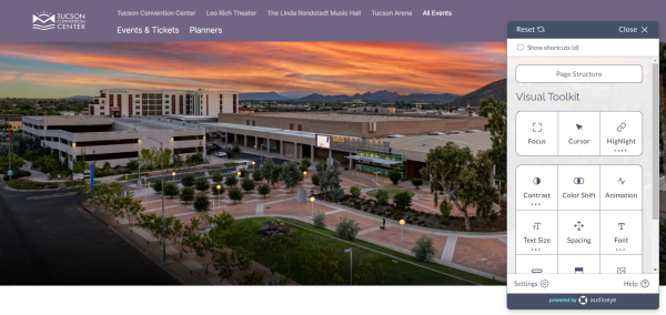 A screenshot of the accessibility features available on the Tucson Convention Center website