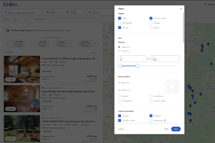 Screenshot of the filter options on the VRBO website