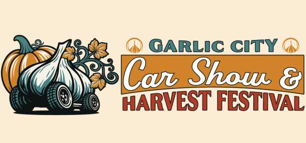 Festive pumpkin and vines behind a garlic bulb with wheels. Garlic City Car Show & Harvest Festival 2026