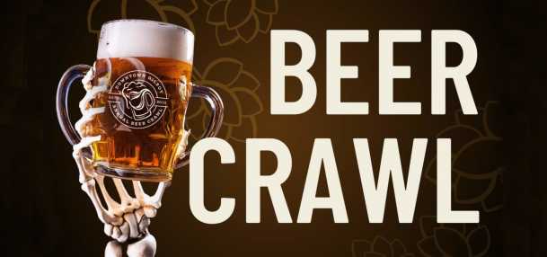 Beer Crawl. Ckeleton hand hold a glass beer stein with the Gilroy Downtown Business Association Beer Crawl Logo.