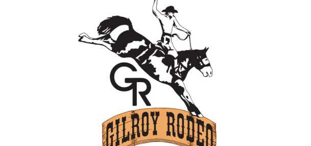 Cowboy on a bucking bronco over "GR" and "Gilroy Rodeo" banner