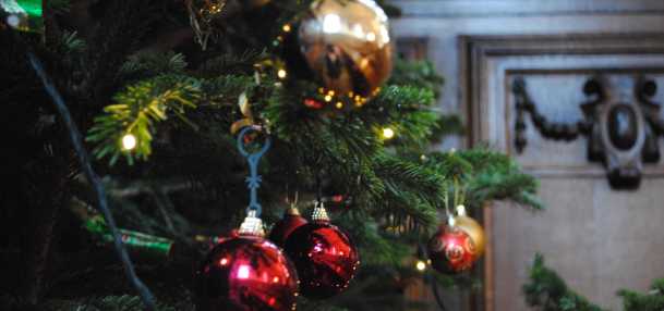 Close up of Christmas tree baubles in Clare College Cambridge Dining Hall