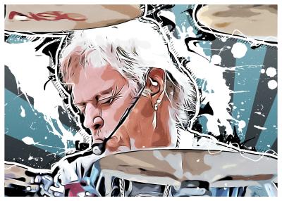 A stylized image of rock musician Frank Beard playing the drums.
