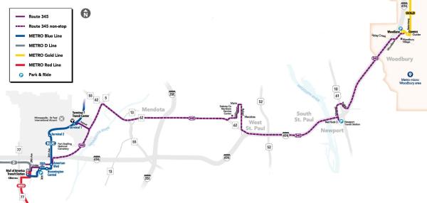 Image of Metro Transit Bine Line Route 345 from MSP Airport and Mall of America to Woodbury.