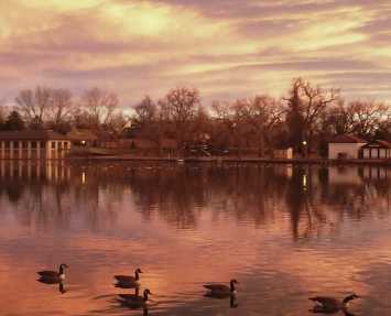 Washington Park at sunset with ducks on lake