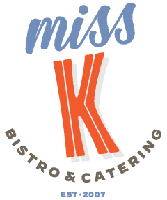 MIss K Bistro & Catering logo, cornflower blue, red, and brown