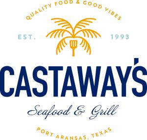Blue and orange logo for Castaway's Seafood & Grill with a palm tree and spatula design