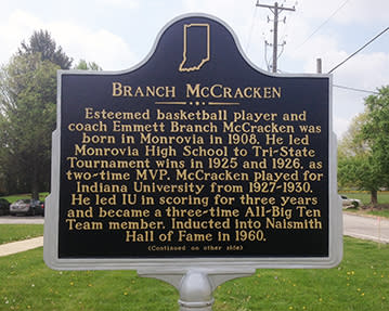 This historical marker near the Monrovia branch of the Morgan County Public Library honors the basketball contributions of Emmett Branch McCracken as both a player and coach.
