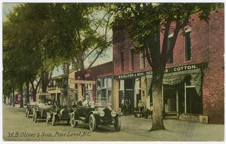 Historic Pine Level postcard of the W.B. Oliver & Son storefront.