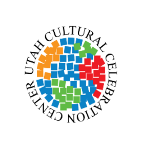 Circular logo with the words Utah Cultural Celebration Center around the outside of the circle, inside is a globe that is made up of different colored squares