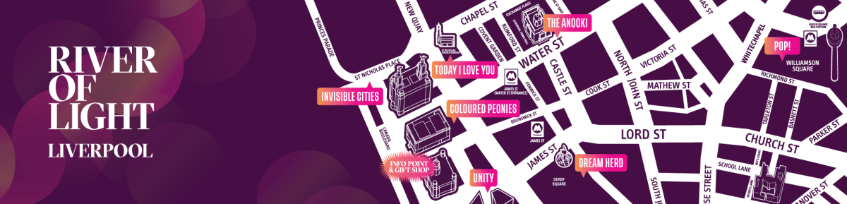 A banner for River of Light with a map on it with a pink background.