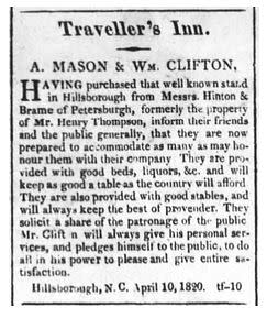 Advertisment in Hillsborough Recorder re: Traveller's Inn