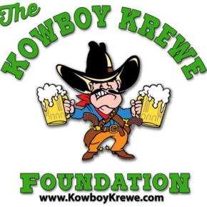 Green Kowboy Krewe Foundation logo with a cartoon drawing of an angry cowboy holding two beers