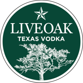 Green logo with a tree and a star that says "Live Oak Texas Vodka"