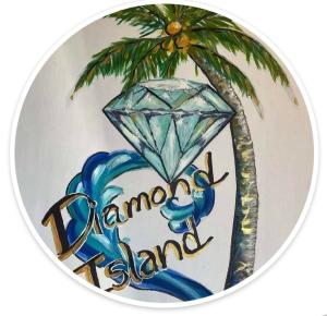 Hand-painted Diamond Island logo with a diamond, a wave, and a palm tree