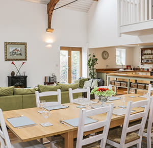 The spacious dining area, kitchen, and living room at The Old Temperance Hall, Staffordshire
