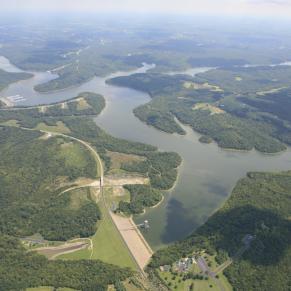 Aerial view with water and green landscape of Taylorsville Lake