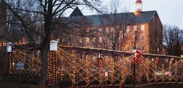 Historic Savage Mill Bollman Bridge lit up for the holidays