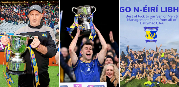 Collage of 3 photos from Ballymac GAA, one with Luke Silles father holding the cup, another wit the team captain hosting the cup following the all ireland final and the third a group picture wishing the team well in the final.