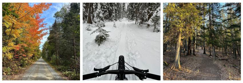 Examples of durable surfaces: a packed gravel trail, a groomed snow trail, and a maintained dirt trail