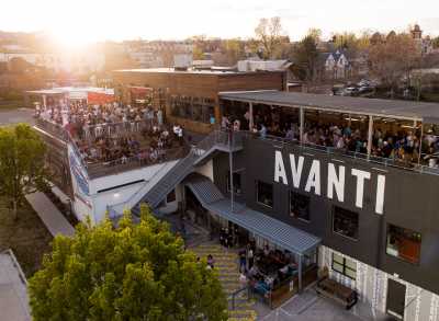 Aerial view of Avanti's outdoor patios as the sunsets over Denver.