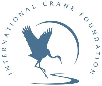 A blue logo on a white background reads "International Crane Foundation" and has a line drawing of a crane landing