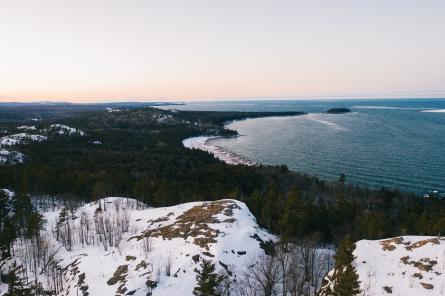 The view of Lake Superior from atop Sugarloaf in the winter