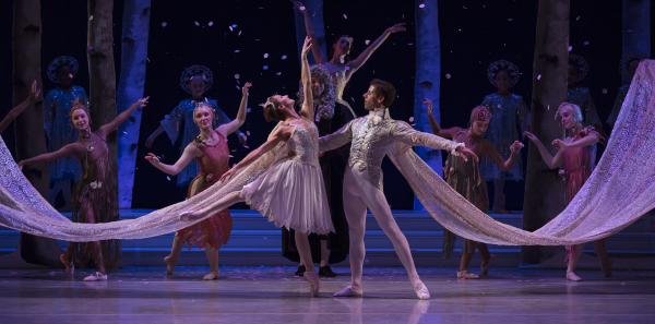 Dancers in elaborate costumes on stage during BalletMet's "Cinderella."