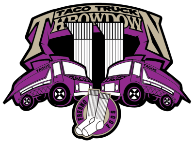 Logo reads "Taco Truck Throwdown" with two food trucks drawn face to face in front of trophies and an icon reading "Fresno Foods" with two socks