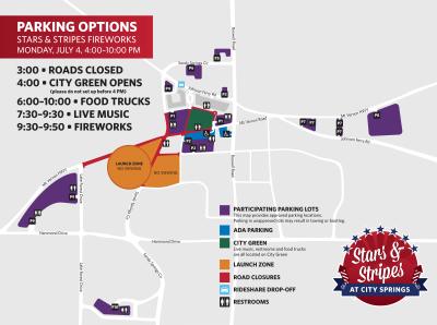 A map of parking options at the Stars and Stripes event