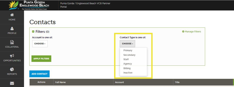 Contact Type dropdown in Contacts section of PG/EB Partner Portal