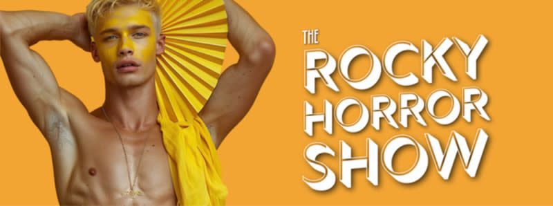 A man poses while holding his arms behind his head the "Rocky Horror Show" text