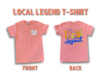 an orange shirt showing the front and back with local legend logo on it