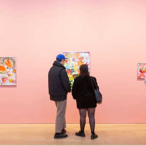 [ID: a photo from the Capture Photography Festival. Two people are admiring a piece of art that is displayed on a pink wall.]