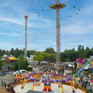[ID: a photo of PNE Playland with various amusement park rides.]