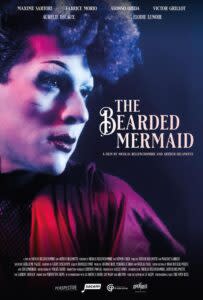 Alt text: Poster for "The Bearded Mermaid," a film by Nicolas Bellenchombre and Arthur Delamotte. Features a close-up of a person with dramatic makeup, including a prominent blue eyeshadow and a styled afro, against a blue and pink lighted background. Text on the poster includes cast names and production credits, with logos for Perspective Films, SACEM, and Open Reel at the bottom.