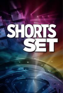 Alt text: Promotional graphic for 'SHORTS SET' with filmstrip elements in vibrant pink, purple, green, and blue hues, and lens flare effects, symbolizing a cinematic theme.