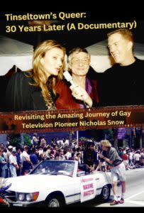 Poster for the documentary "Tinseltown's Queer: 30 Years Later" featuring two images: top image shows three people, two men and a woman, engaging with a microphone, and the bottom image depicts a person interviewing another in a convertible car with a "Congresswoman Maxine Waters" sign, during a crowded street parade.