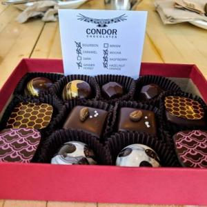 Box of chocolates from Condor Chocolates in Athens, GA.