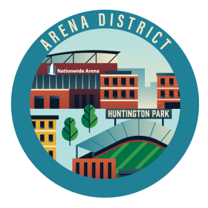 Arena District neighborhood cartoon badge featuring Nationwide Arena and Huntington Park