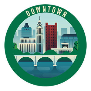 Circular Downtown icon featuring buildings and bridge by Scioto River