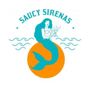 Teal and orange logo with a teal mermaid sitting on an orange sun holding a martini glass. Over her are the words "Saucy Sirenas"