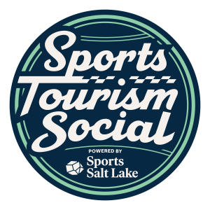 A circle that looks like a ball with the words Sports Tourism Social  Powered by Sports Salt Lake on it